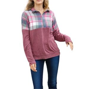 NEW HAYZEL POMEGRANATE PLAID PRINT HALF ZIPPER UP KNIT TOP